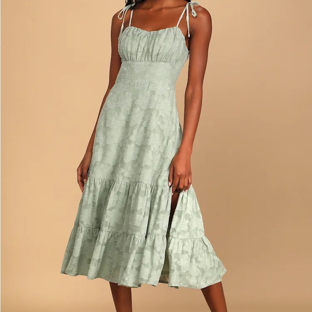 Sweet Sentiments Sage Green Jacquard Tiered Midi Dress